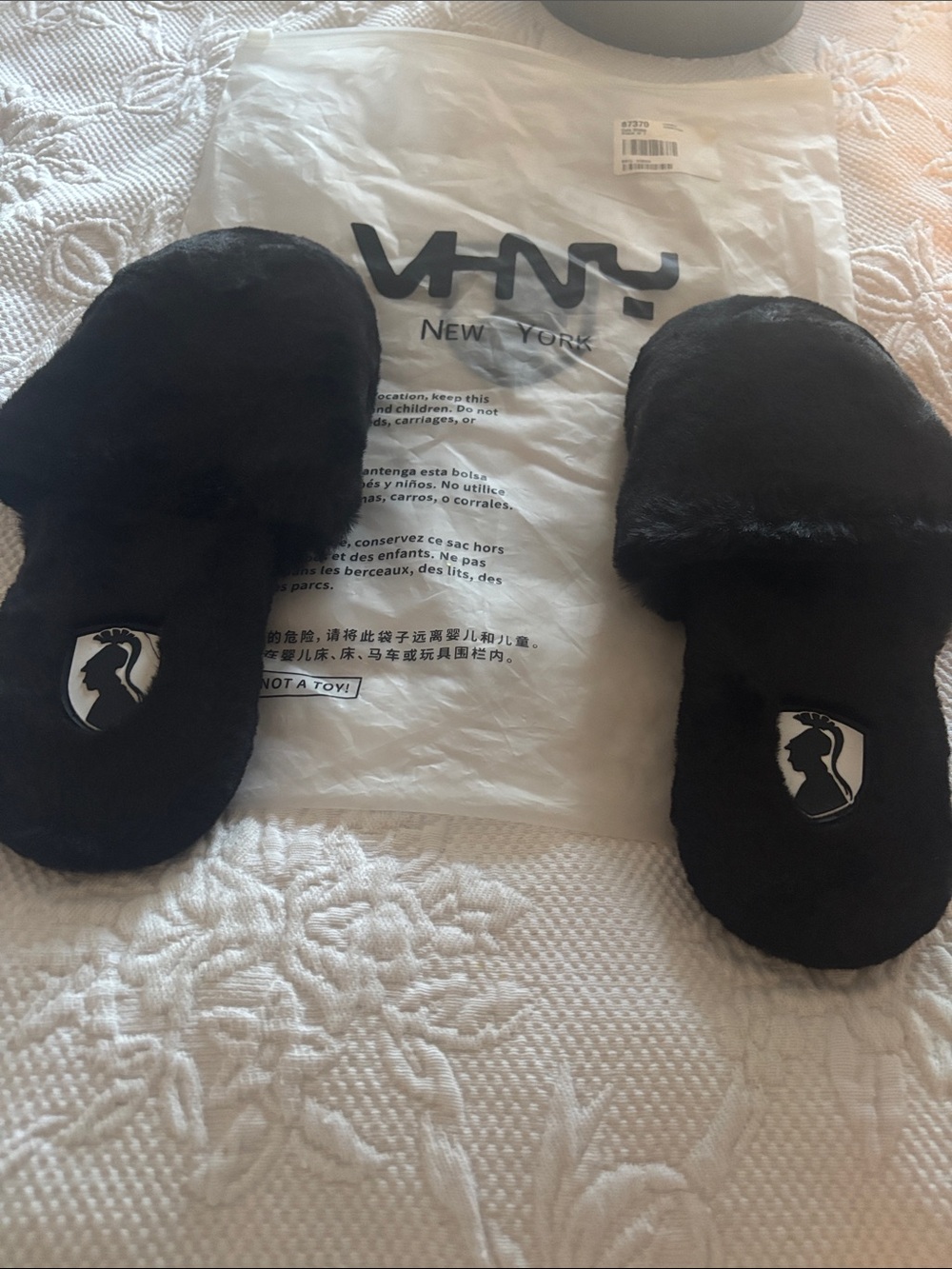 VHNY Black Plush Slide Slippers